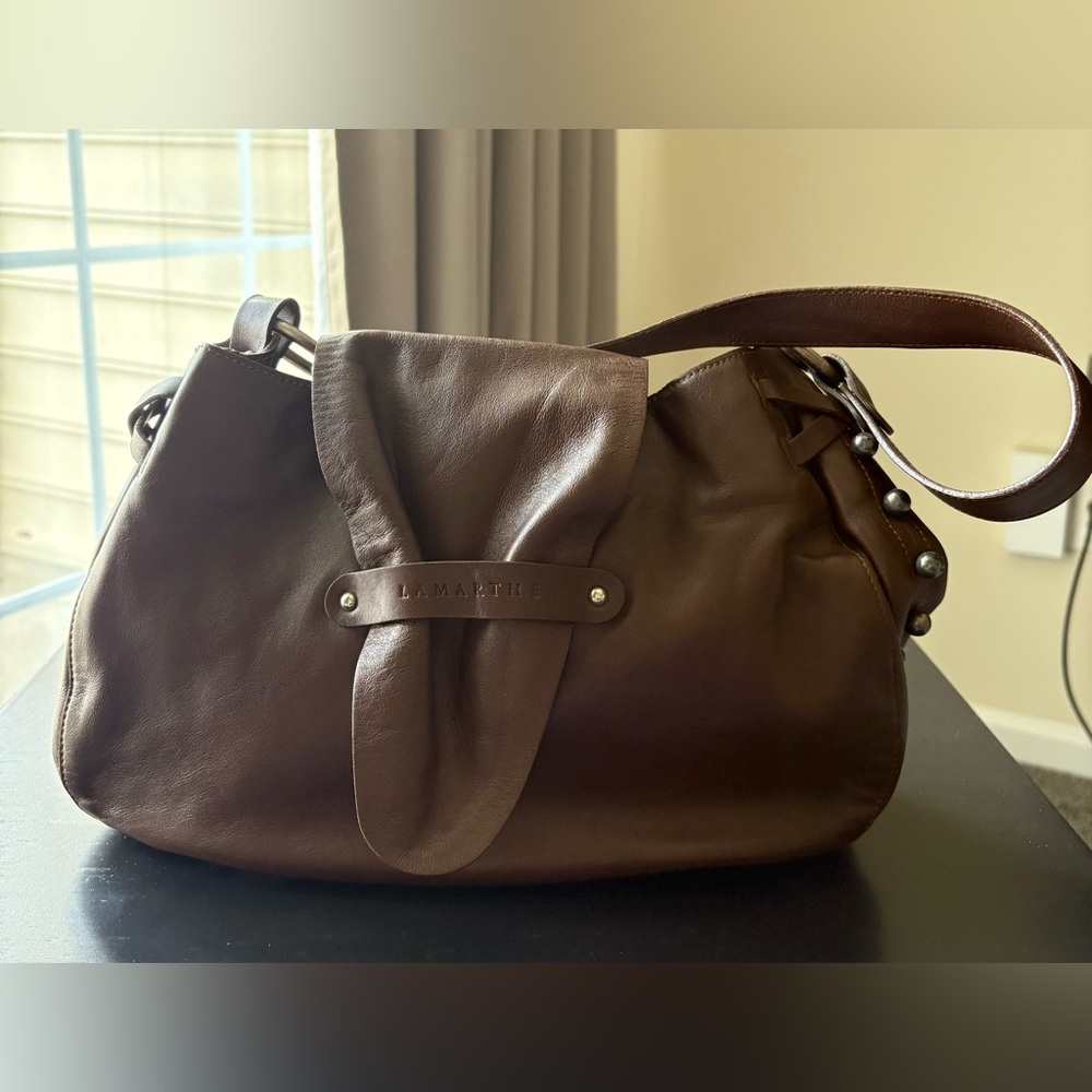 LAMARTHE PARIS Leather Studded Hobo W/flap in Brown